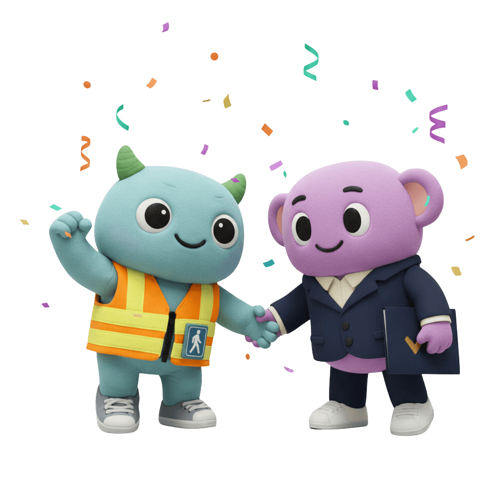Krosswalk mascot and customer shaking hands and celebrating a completed questionnaire