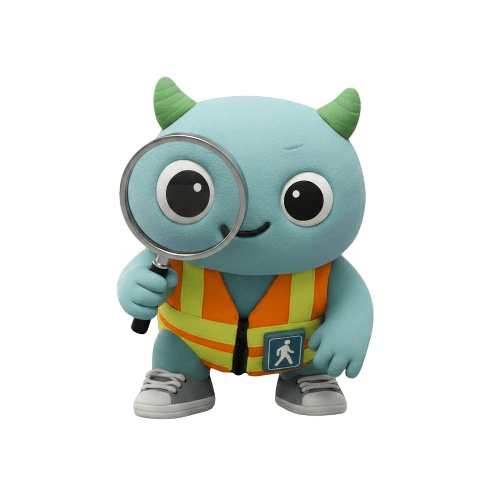 Krosswalk mascot inspecting code evidence with a magnifying glass